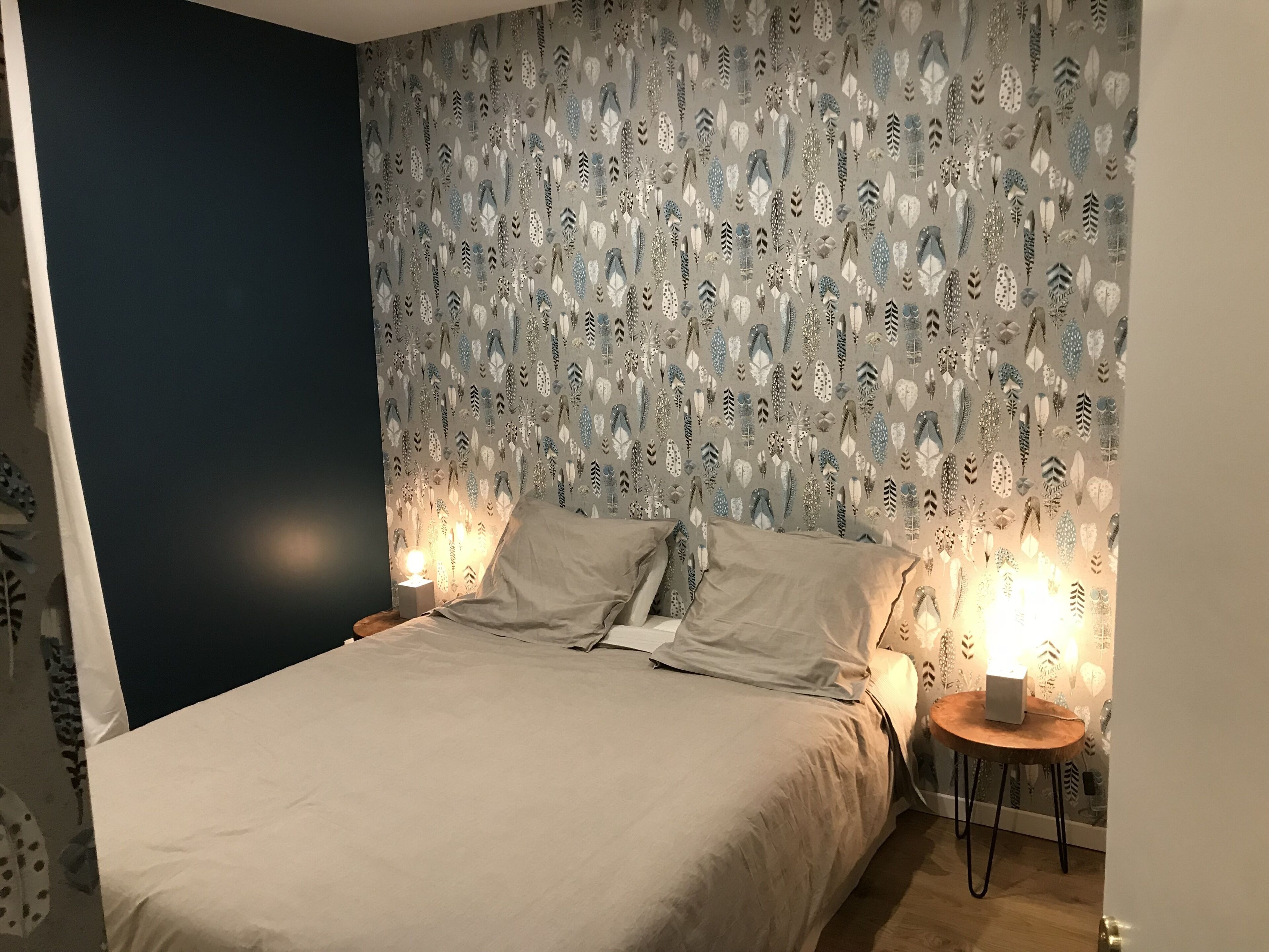 La chambre bleue, un lit de 160 cm, douche et cabinet de toilette ds la chambre.