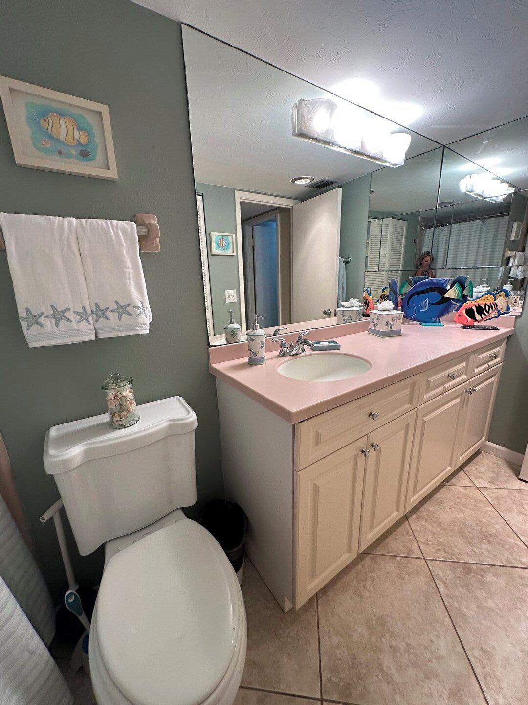 A bathroom with a toilet, sink, and mirror. There is a towel rack with a towel and a framed picture on the wall.