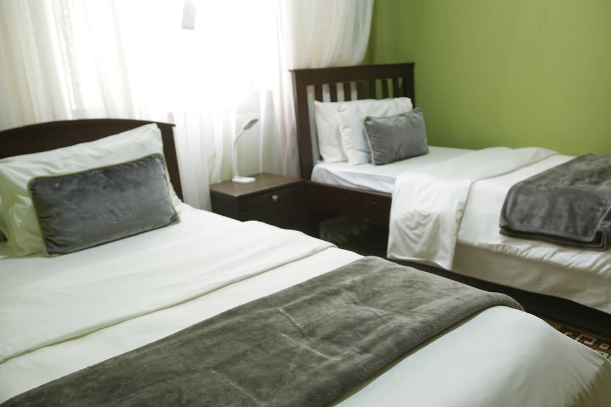 Two single beds with white bedding and gray throw blankets, a wooden nightstand with a lamp, and a green wall.