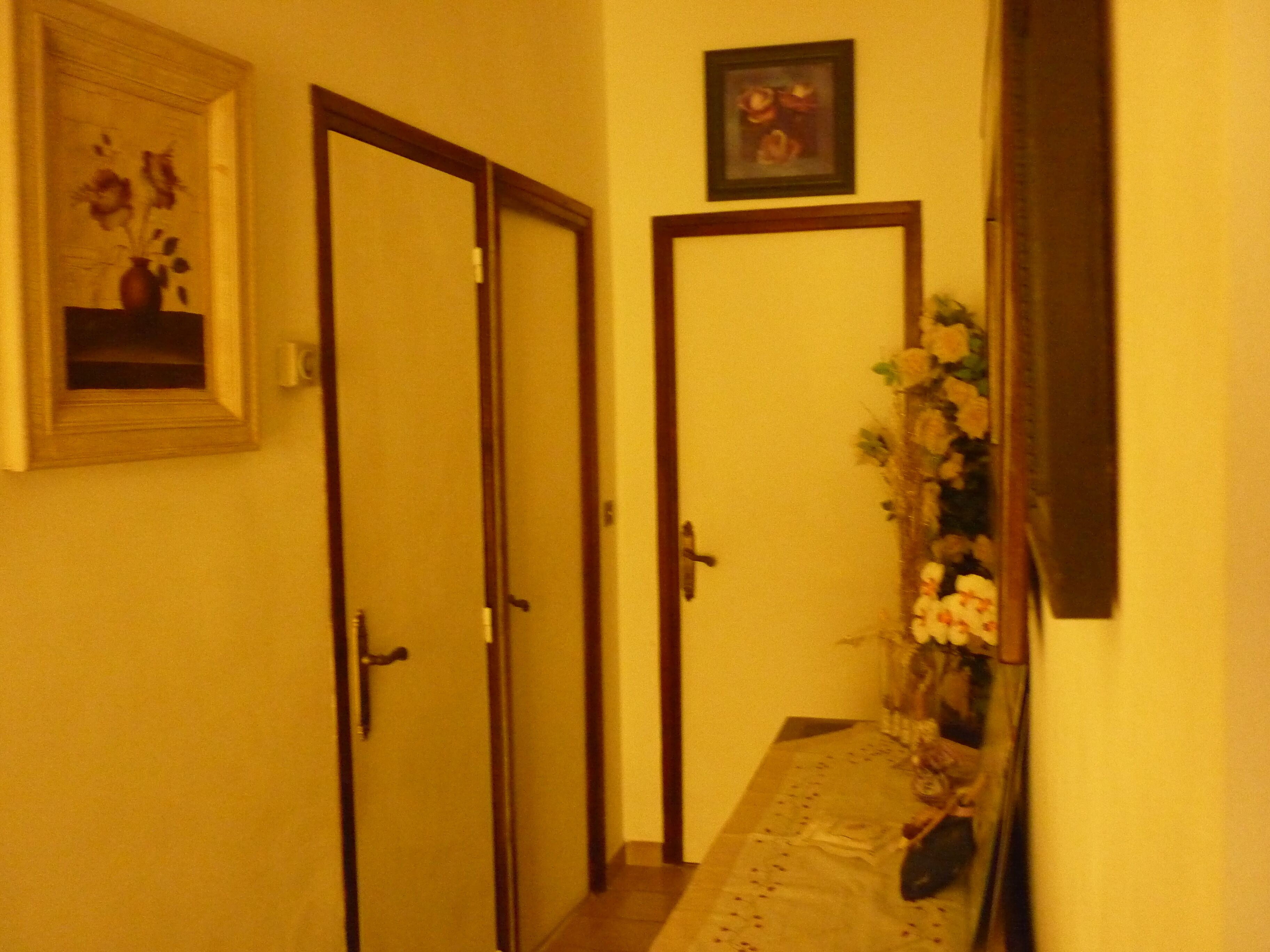 A narrow hallway with two doors, one with a small shelf above it holding a vase and flowers, and a framed picture on the wall above the second door.