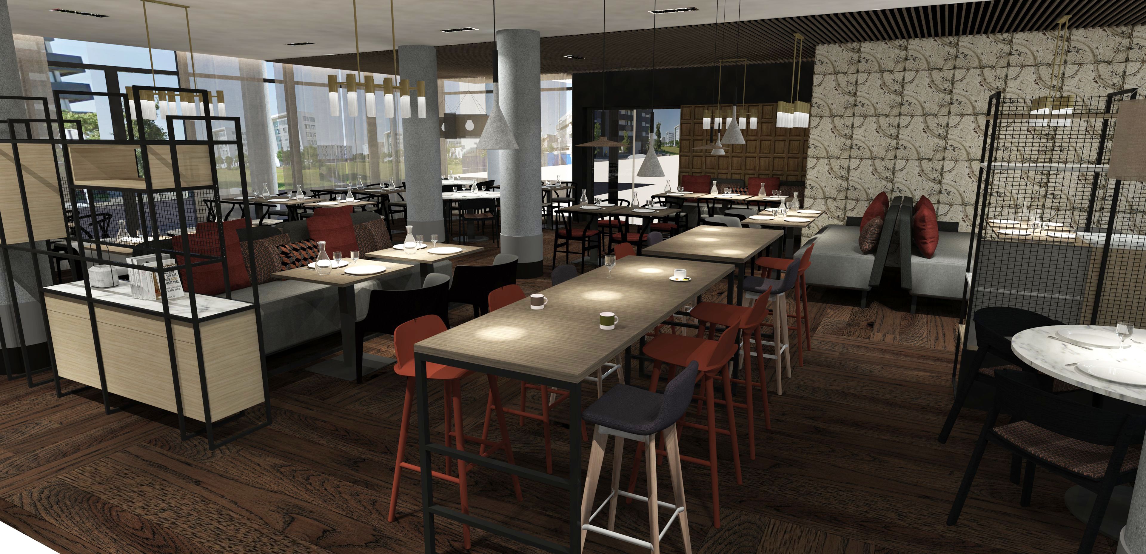 Un interior de restaurante moderno con mesas altas, taburetes de bar e iluminación colgante.