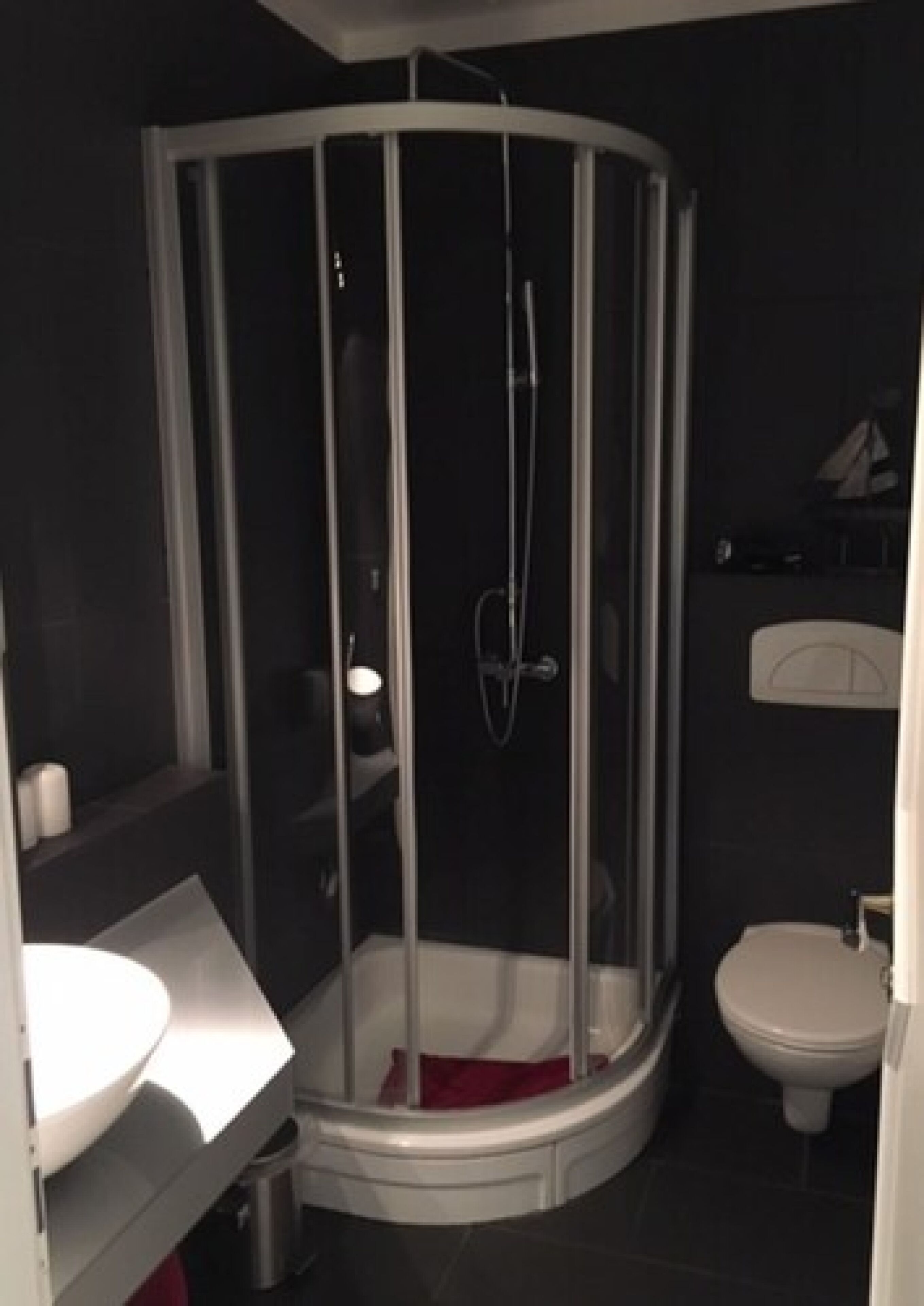 Un baño moderno con ducha acristalada, lavabo blanco y retrete.