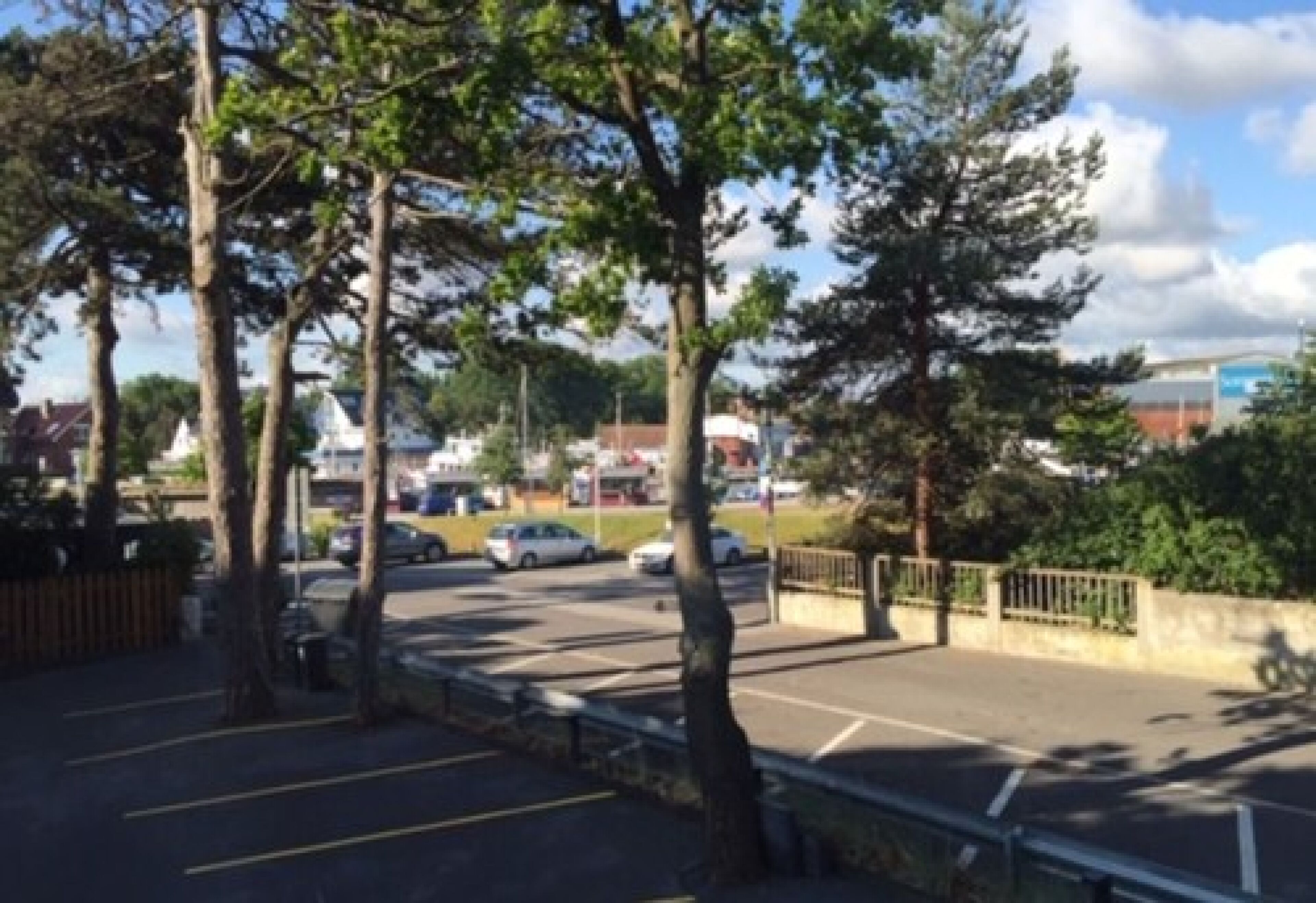 Een parkeerplaats met bomen en een weg op de achtergrond.