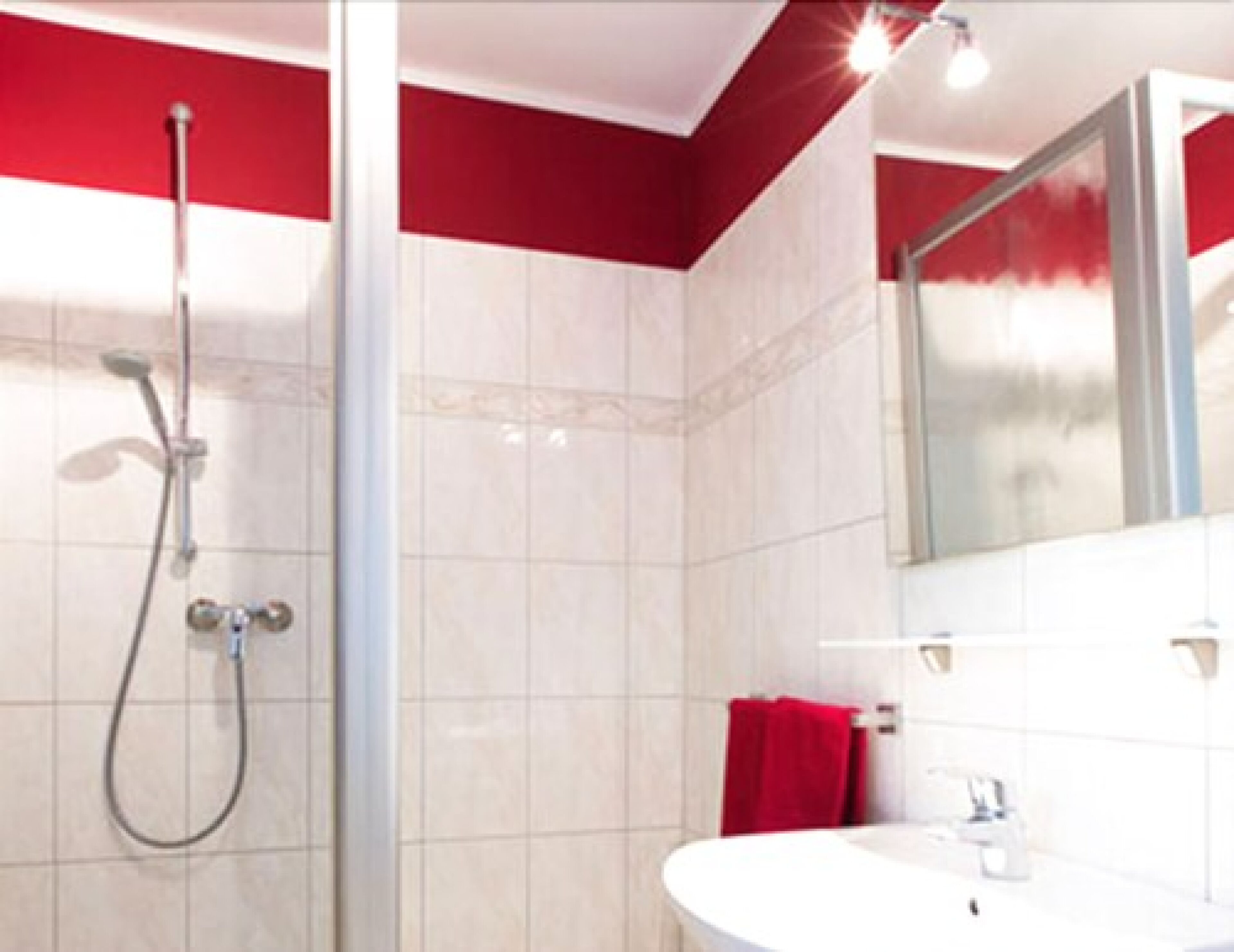 A bathroom with a shower, a sink, and a red towel.