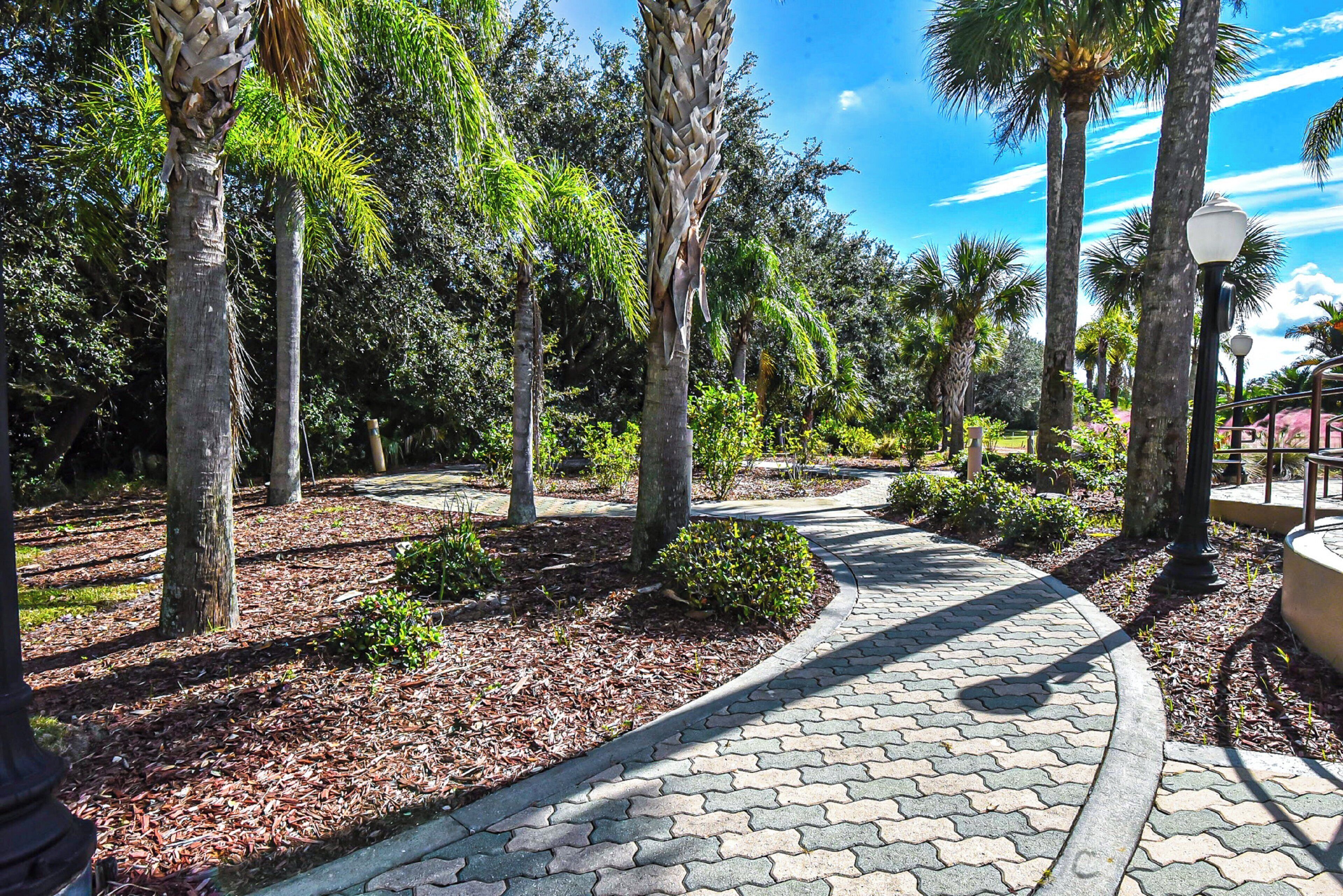 A paved pathway lined with trees and a lamp post.