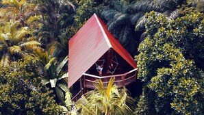 Una estructura con techo rojo rodeada de abundante follaje tropical.
