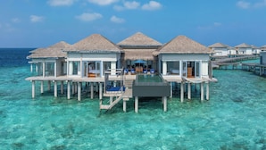 Overwater bungalows with thatched roofs, clear blue water, and wooden walkways. - The Halcyon Private Isles Maldives, Autograph Collection (Meradhoo)