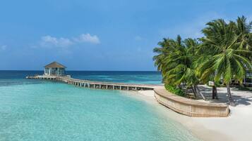 Privat strand, vit sandstrand, solstolar och parasoller