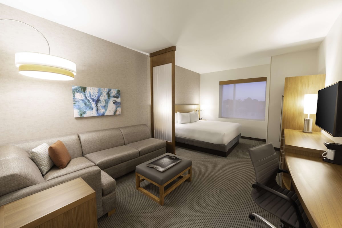 Una habitación de hotel moderna con sofá, cama, escritorio y televisor.