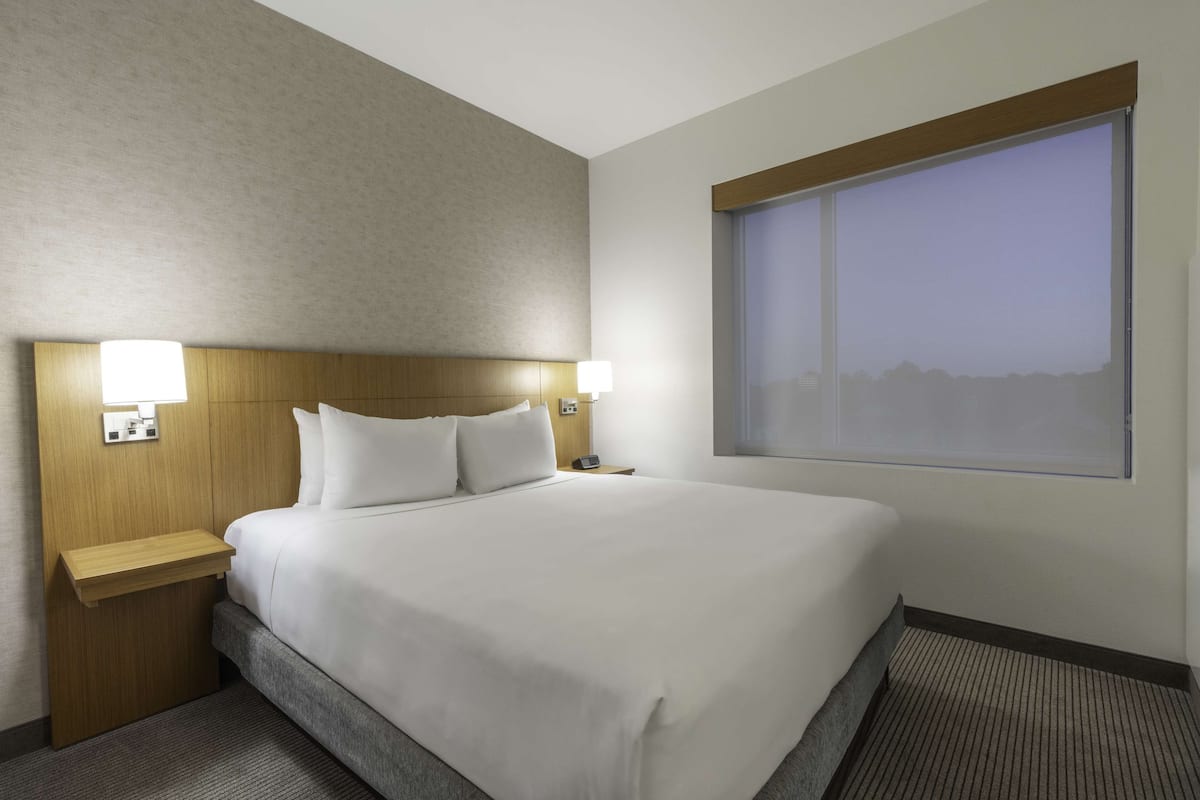 Habitación de hotel con una cama grande, dos mesitas de noche con lámparas, una ventana con vistas y suelo alfombrado.