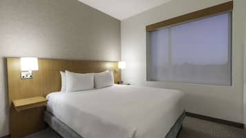 A hotel room with a large bed, two bedside tables with lamps, a window with a view, and a carpeted floor.