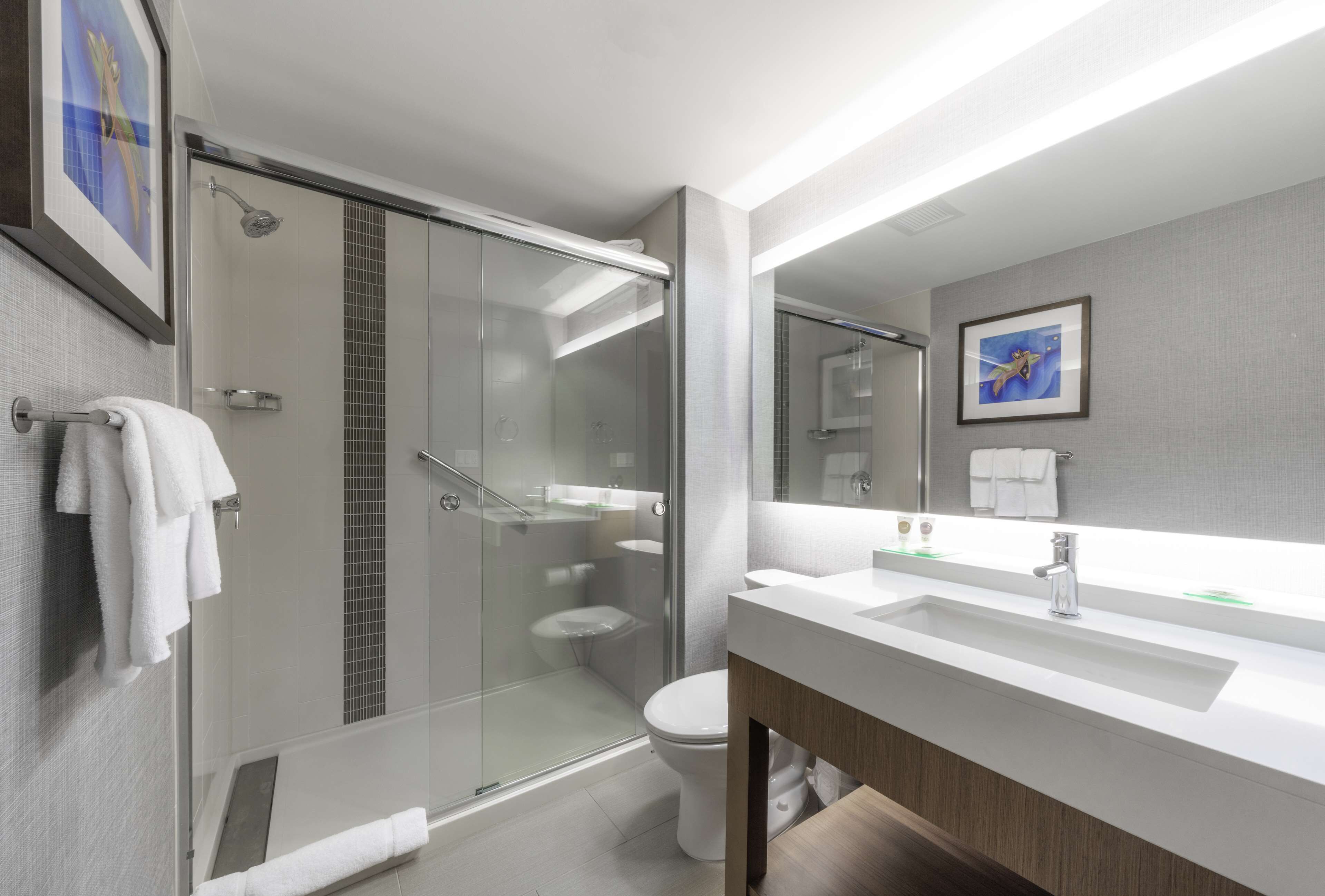 hydromassage showerhead, free toiletries, hair dryer, towels