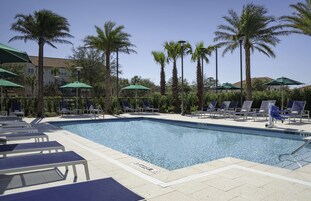Una piscina con sillas de descanso y sombrillas, rodeada de palmeras y un edificio al fondo.