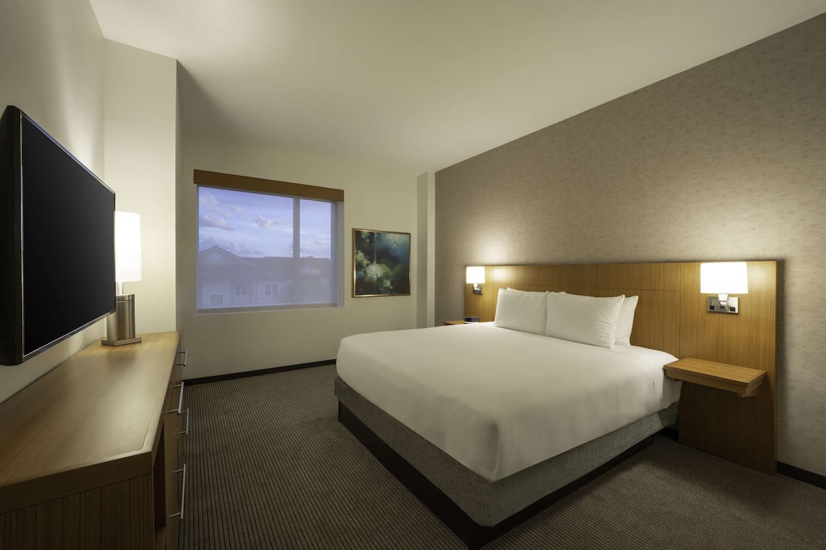 Una habitación de hotel con una cama grande, un televisor de pantalla plana, una ventana con vistas y un cuadro en la pared.