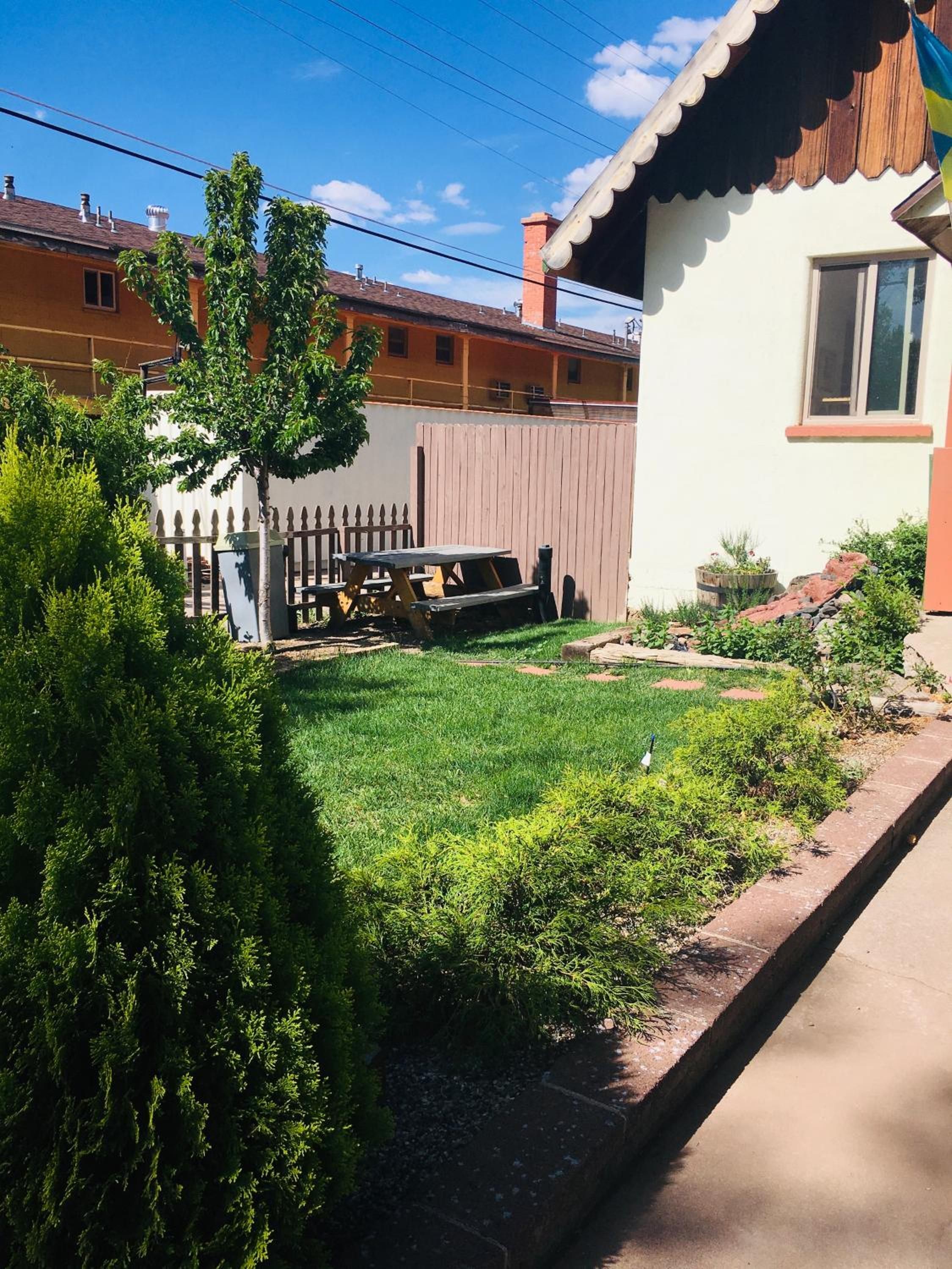 A residential backyard with a wooden fence, a picnic table, and a small garden area.