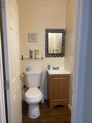 A bathroom with a toilet, a sink, a mirror, and a shelf with toiletries. - Williams AZ Hostel (Williams)