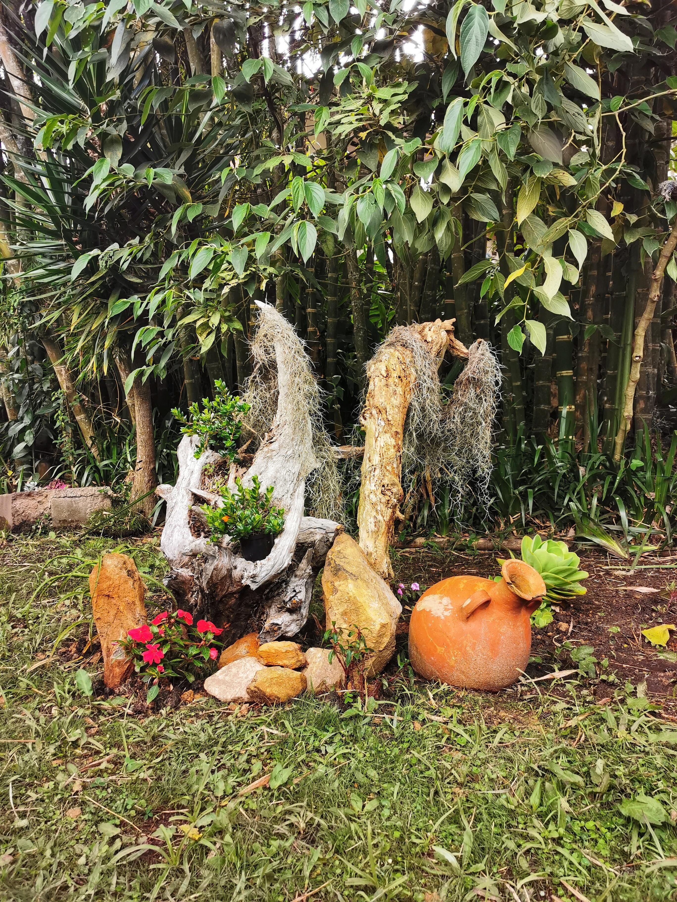 Un jardín con una estructura de piedra rústica, una planta en maceta y una maceta de barro.
