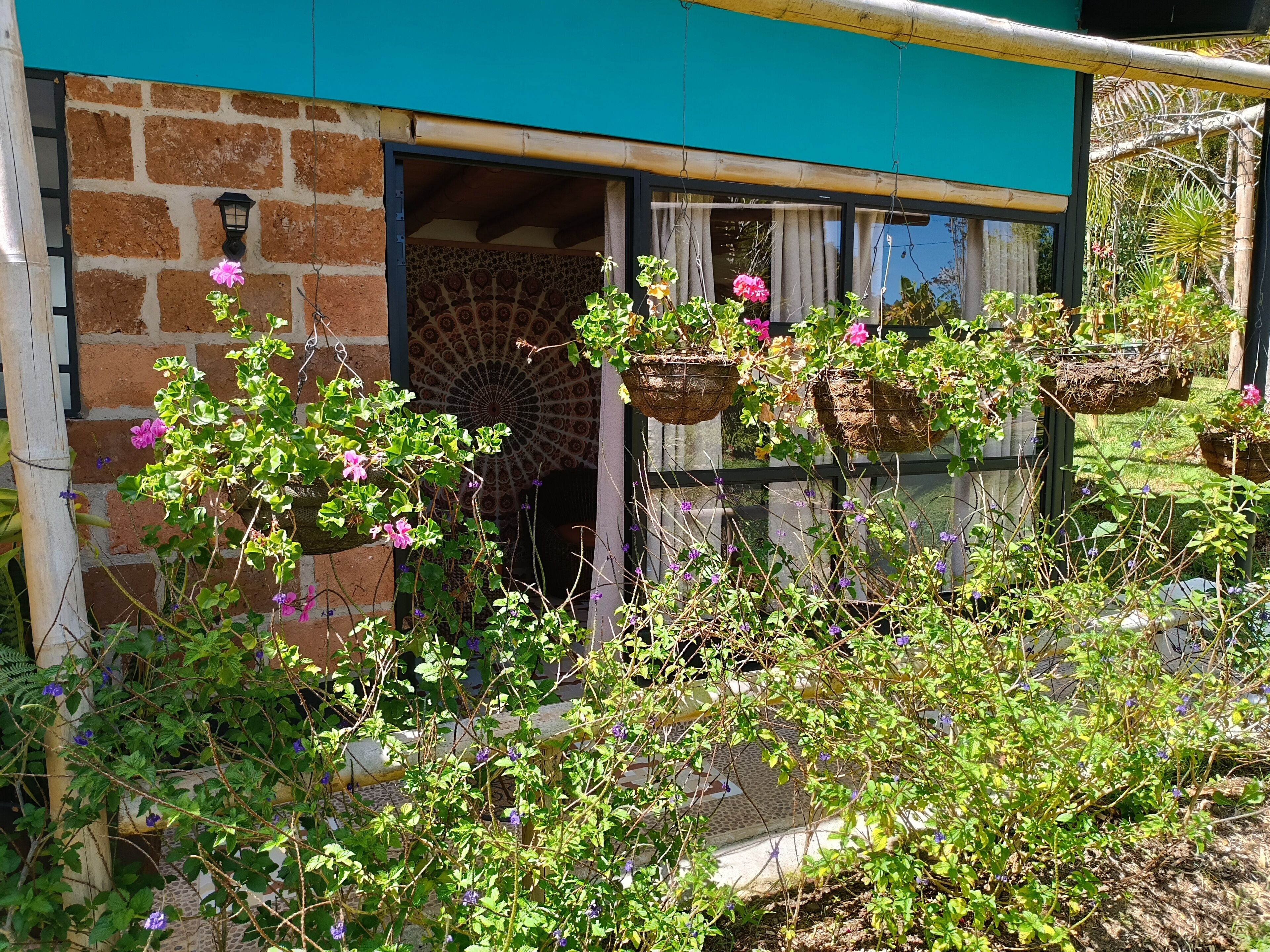 Um edifício rústico com fachada de tijolos, porta de madeira e vasos de flores pendurados.