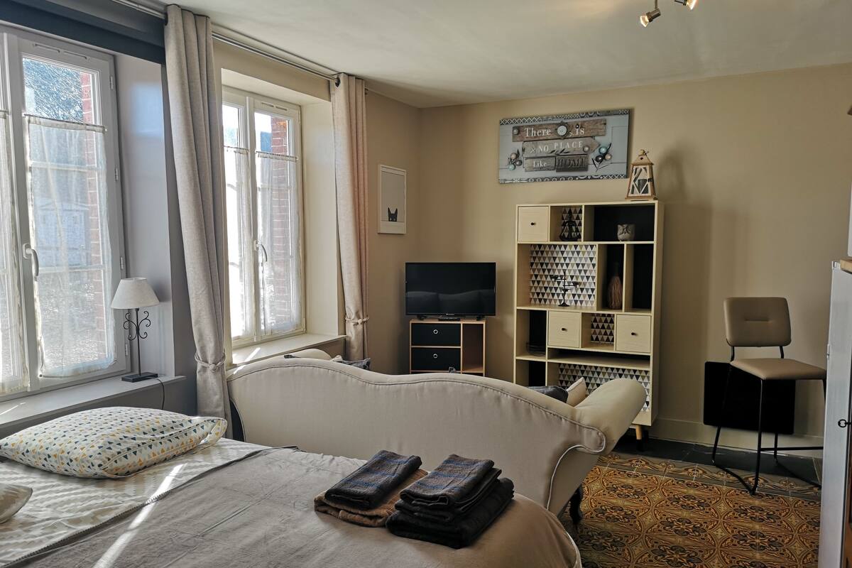 A hotel room with a bed, a TV, a desk, a chair, and a bookshelf.