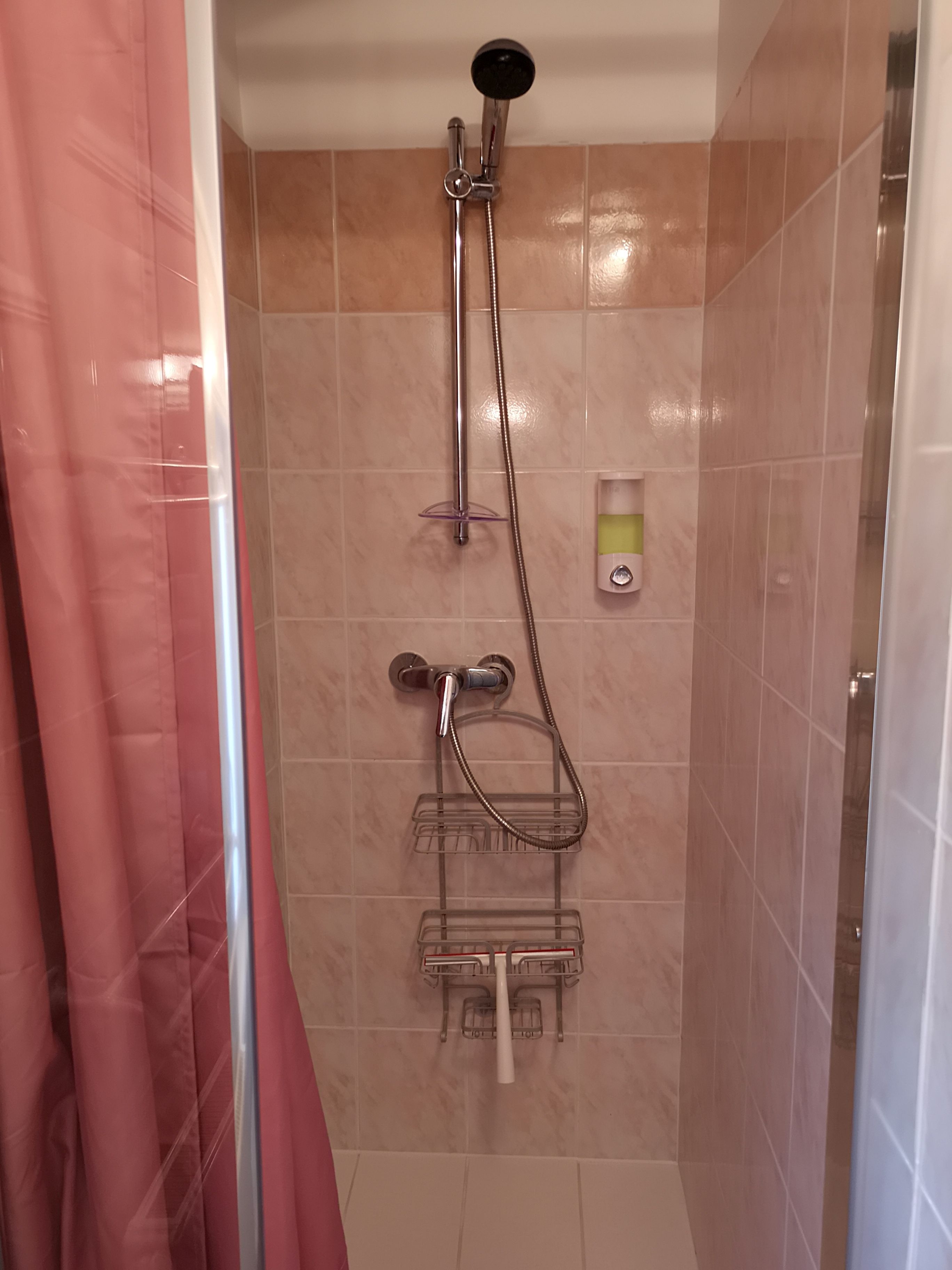 A shower with a handheld showerhead, a wall-mounted faucet, and a soap dispenser.