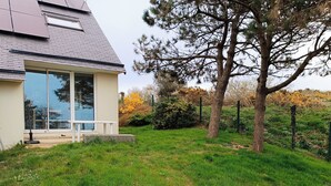 A modern house with a large glass window, a grassy yard, and a tree.