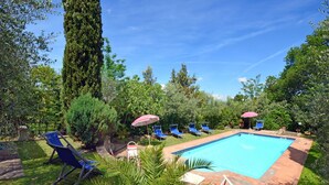 A rectangular swimming pool with a tiled edge, surrounded by a brick deck. There are several blue lounge chairs and red umbrellas. - Wonderful private villa for 9 guests with private pool, WIFI, TV, patio and pets allowed (Montopoli In Val D'arno)