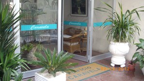 Entrada de un hotel con puerta de vidrio, una silla de mimbre en el interior y varias plantas en macetas afuera.