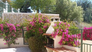 Un'area patio con un muro in pietra, un barbecue e piante fiorite rosa.