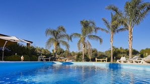 Uma piscina azul cristalina com espreguiçadeiras e palmeiras.