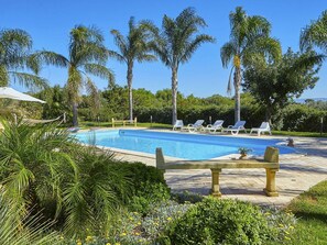 A swimming pool with lounge chairs and palm trees.