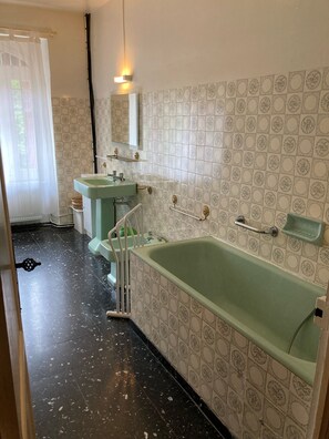 Bathtub, hair dryer, bidet, towels