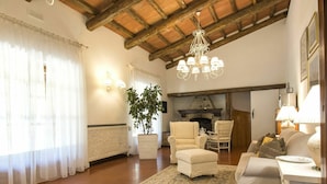 A spacious living room with a high wooden ceiling, a fireplace, and a large plant.