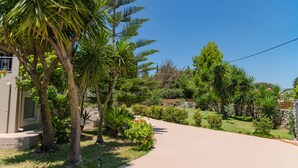 A paved pathway leading through a landscaped area with various trees and shrubs. - It is our pleasure to welcome you to Kefalonia Island and invite you to enjoy yo (kefalonia)