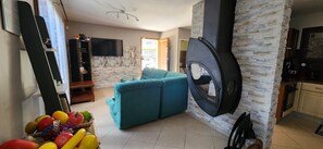 Televisión, chimenea, videojuegos y reproductor de DVD 