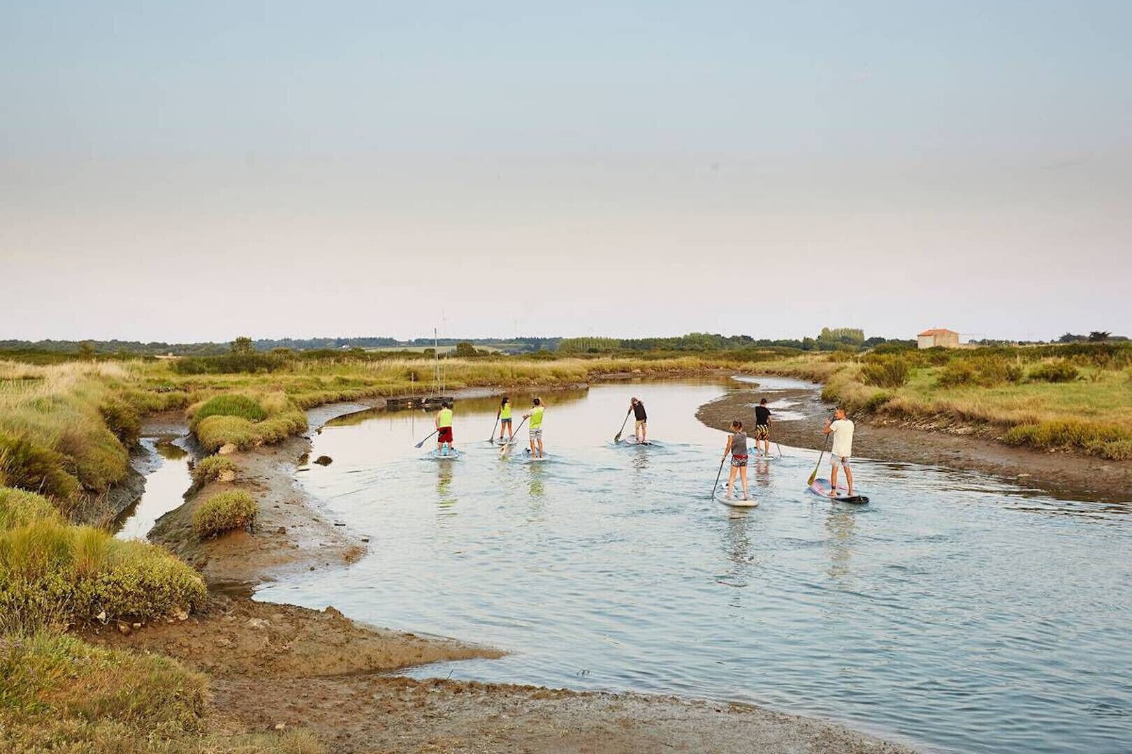 Un gruppo di persone fa paddleboarding su un fiume calmo, immerso in un paesaggio naturale.