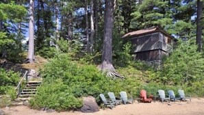 Une cabane rustique entourée d’une forêt dense, avec un sentier de terre menant à celle-ci et plusieurs chaises Adirondack disposées sur le sable.