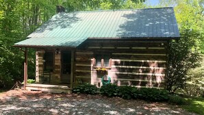 A rustic cabin with a metal roof, a porch, and a small garden area.