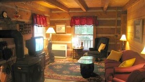 A cozy log cabin interior with a fireplace, television, and comfortable seating area.