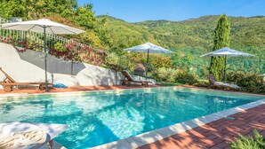 A swimming pool with lounge chairs and umbrellas, surrounded by lush greenery and hills.
