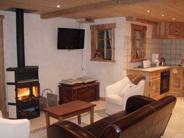 A cozy living room with a fireplace, a television, a sofa, and a kitchen area with wooden cabinets and a coffee maker.