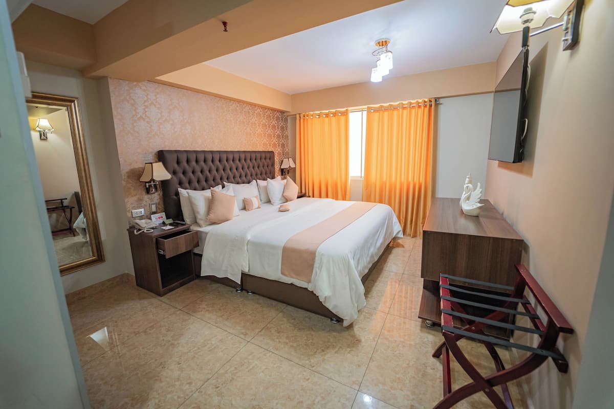 A hotel room with a large bed, a wooden nightstand, a desk, a chair, a mirror, and a television on the wall.