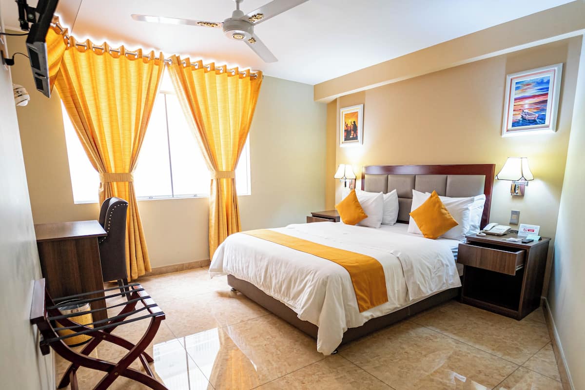 A hotel room with a bed, a desk, a chair, a ceiling fan, and two windows with curtains.