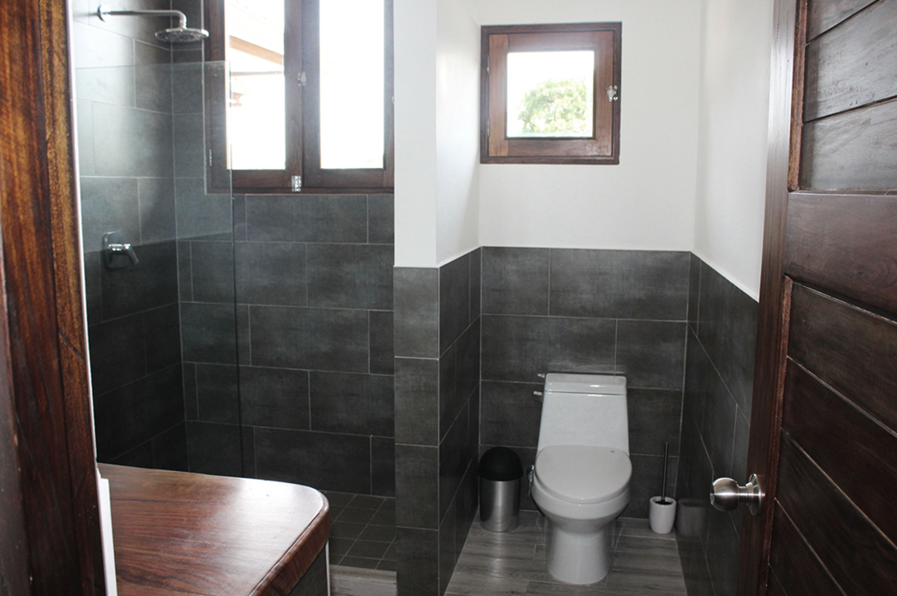 A bathroom with a shower, toilet, and a small window.