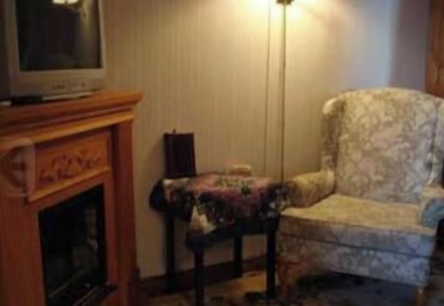 A room with a fireplace, a television on a stand, a patterned armchair, and a floor lamp.