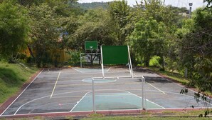 Una cancha de baloncesto al aire libre con un aro verde, rodeada de árboles y un muro amarillo al fondo.