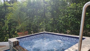 Un jacuzzi con borde de azulejos, rodeado de follaje.