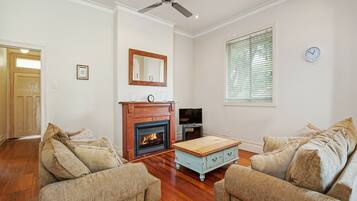 TV, fireplace, DVD player, books