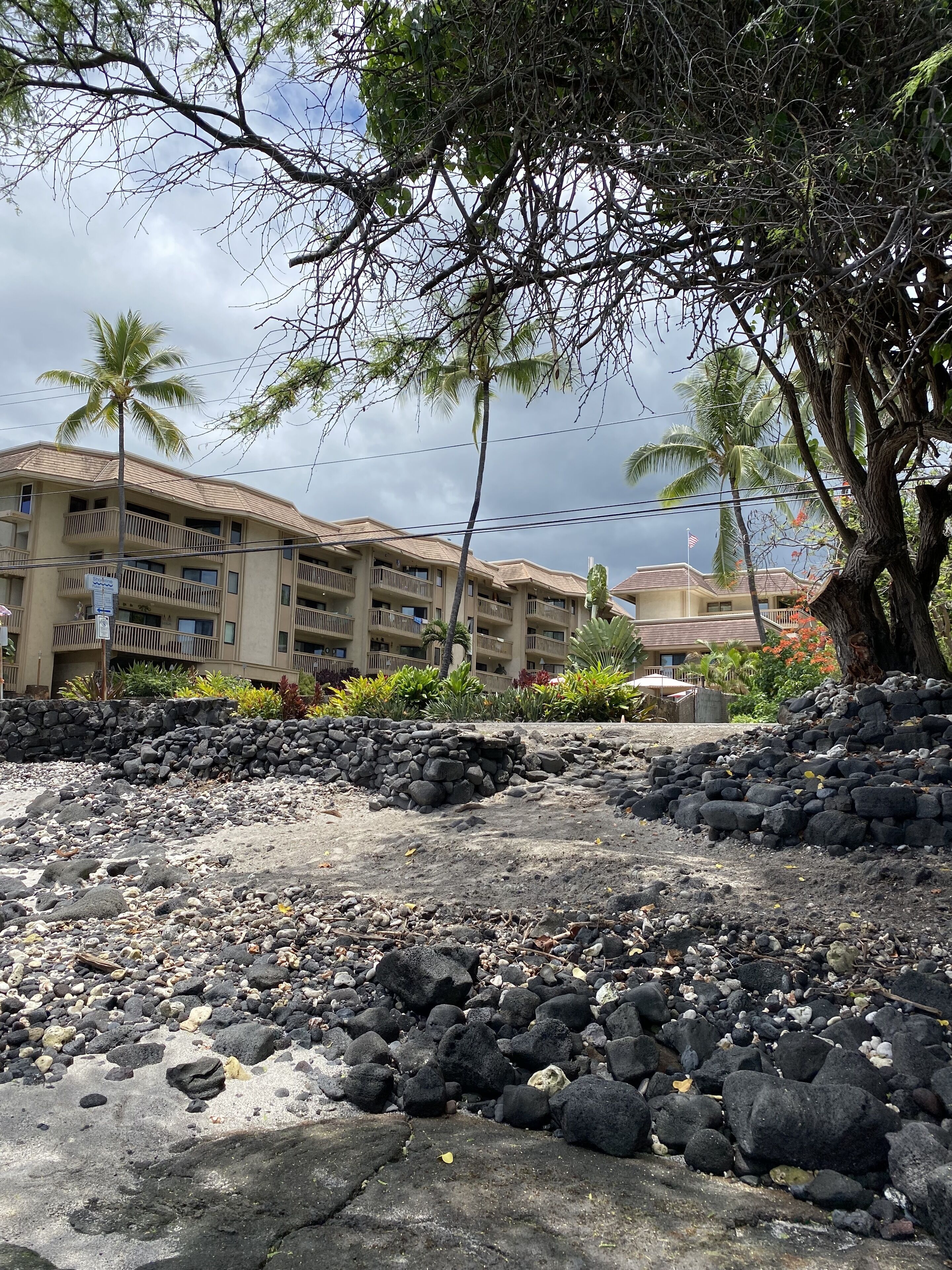 A hotel with multiple balconies, a rocky beach area, and palm trees.