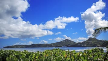 A coastal landscape with a clear sky, a body of water, and a mountain in the distance.