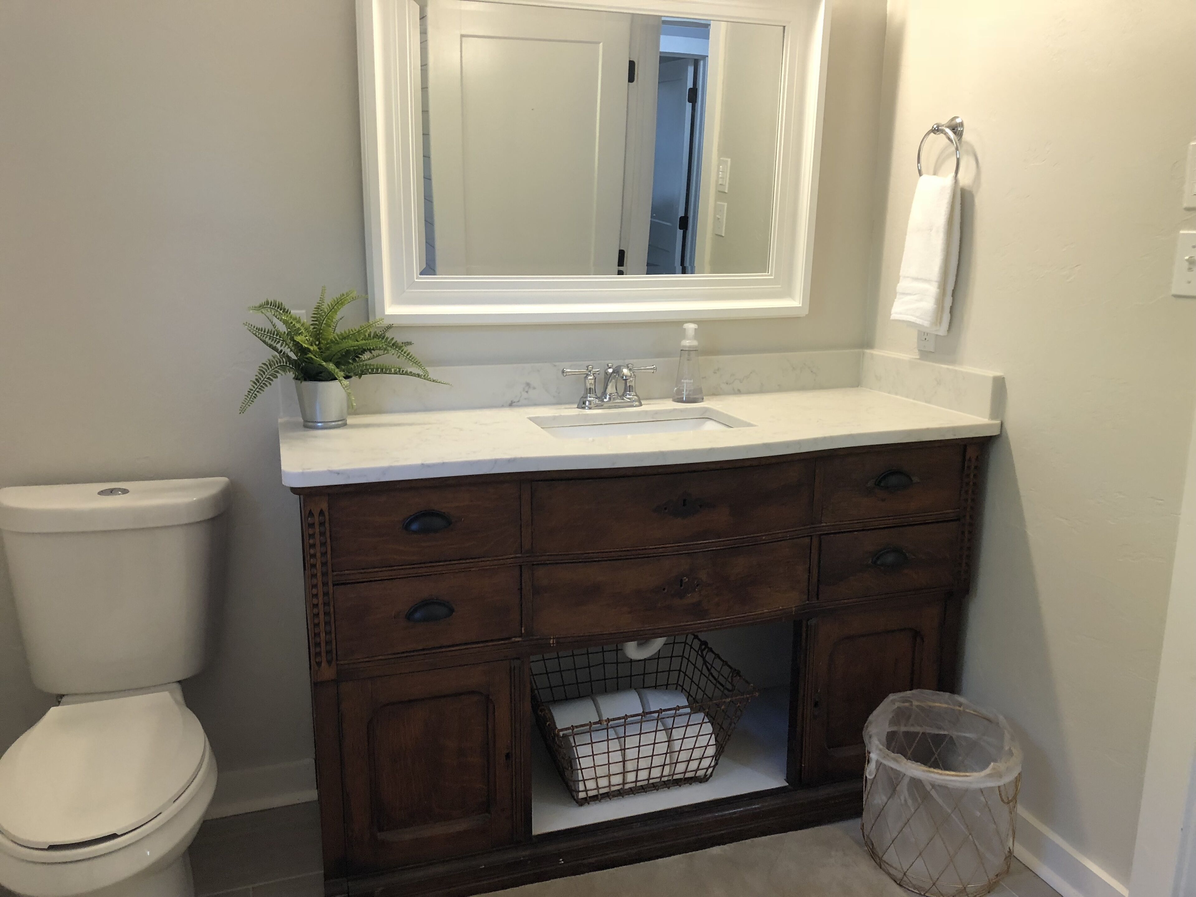 A bathroom with a white toilet, a wooden vanity with drawers, a mirror above the sink, and a small potted plant.